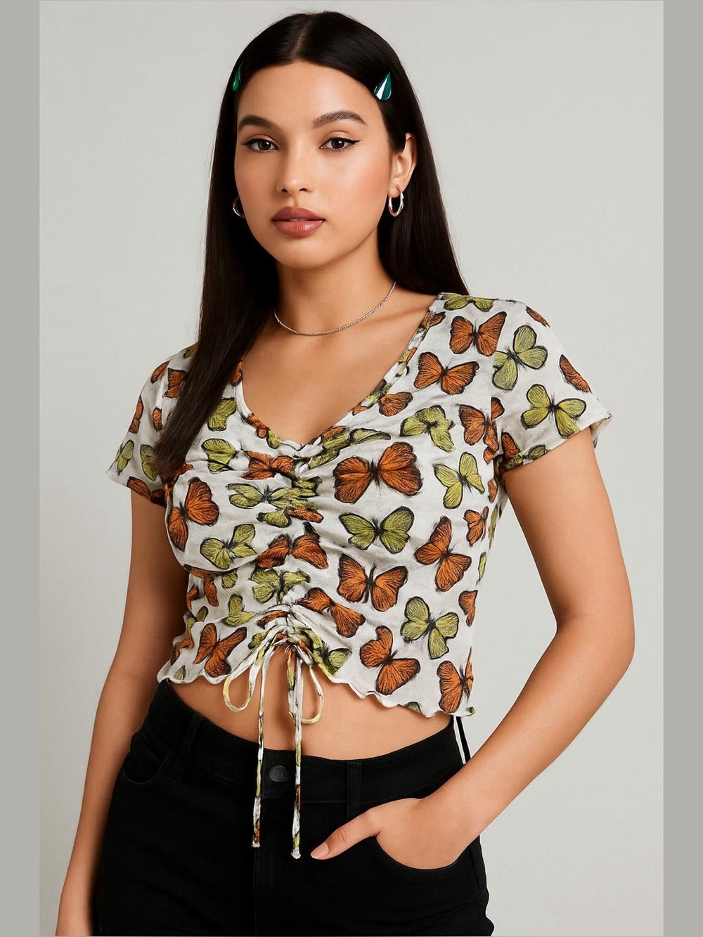Women’s Butterfly Print Cinched Mesh Crop Top Size L Y2K 90s Garden Lightweight